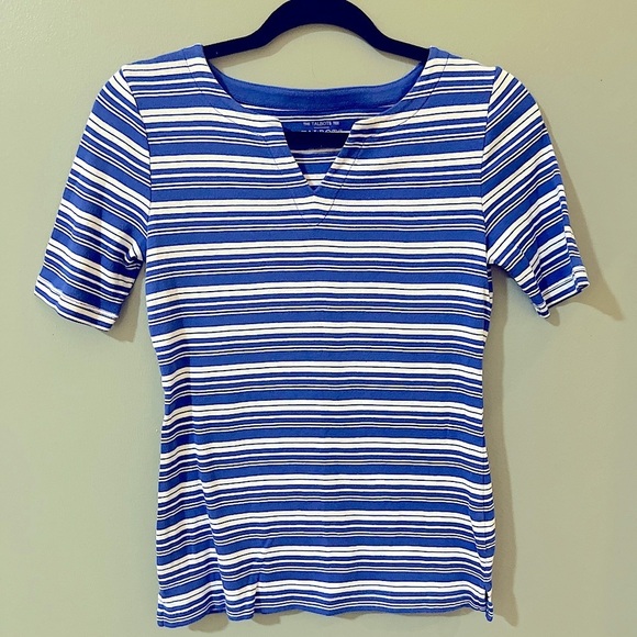 Talbots SPLIT NECK TEE blue and white stripe petite EUC - Picture 1 of 4